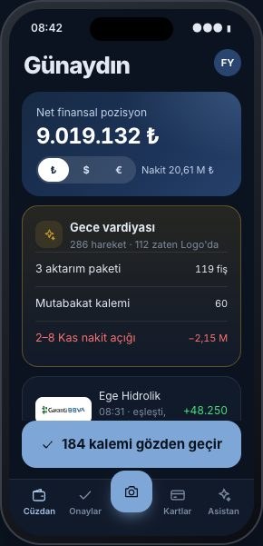 iyibir Finance mobil sabah özeti: net pozisyon, gece vardiyası ve onay bekleyen kalemler (örnek veri)