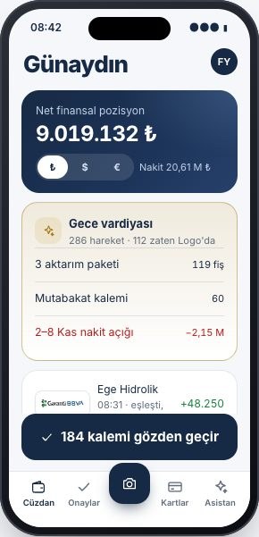 iyibir Finance mobil sabah özeti: net pozisyon, gece vardiyası ve onay bekleyen kalemler (örnek veri)